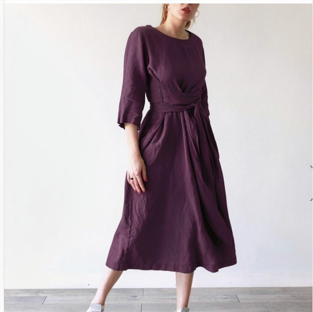 LEN OK BRAND 100% Linen Dress w/ Self Wrap Linen Tie and Side Pockets - XXL